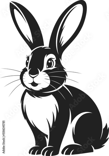 Rabbit illustration, sleek hare design, black and white vector art, vintage engraving style, playful woodland creature depiction
