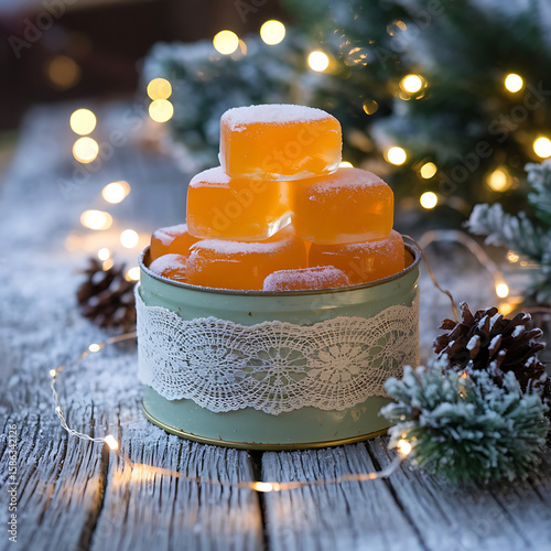 A charming scene of orange jelly cubes on a rustic wooden table, surrounded by fairy lights and wintry frost, evokes a cozy holiday atmosphere.