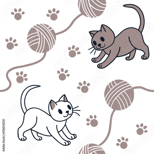 Playful kittens with yarn balls and paw prints ball of yarn