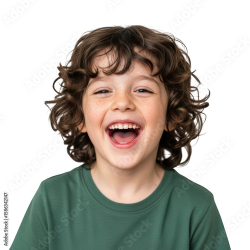 A cheerful caucasian boy with curly hair is laughing and smiling isolated on transparent background