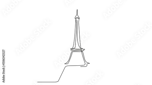 Animated self drawing of continuous line draw of Eiffel tower. Full length one line animation. 4K	