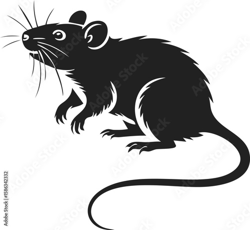 Rat illustration, black rodent, side profile, vintage engraved style, detailed etching of a rat, woodcut design perfect for print projects