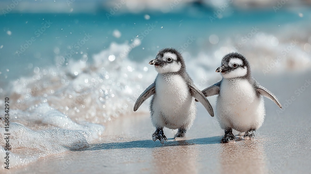 Naklejka premium A pair of tiny penguins perched atop a seaside shore, beside a towering wave that crashed onto the sand
