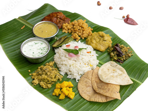 Happy Onam, an Indian festival, Kerala Onam - Sadya served on banana leaves isolated on a transparent background. Onam Vishu Pongal Diwali festival vegetarian food Kerala Tamil Nadu South India.