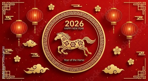 2026 chinese new year greeting card with horse and lanterns