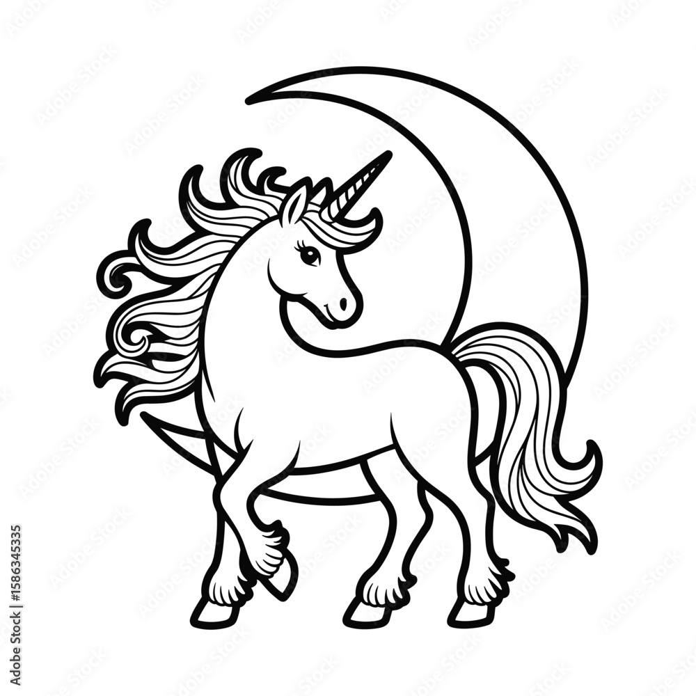 Fototapeta premium Unicorn with Moon and Stars Mystical Fantasy Line Art Vector Illustration