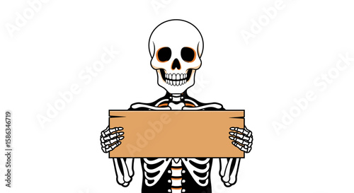 Skeleton holding a sign with a friendly smile for Halloween  