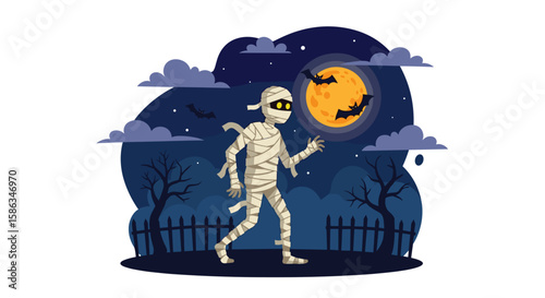 Mummy character walking in moonlit night with bats for Halloween  