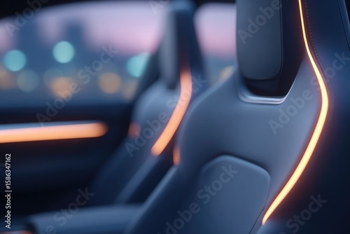 portrait render of concept car interior ambient lighting glowing softly inside cockpit at dusk