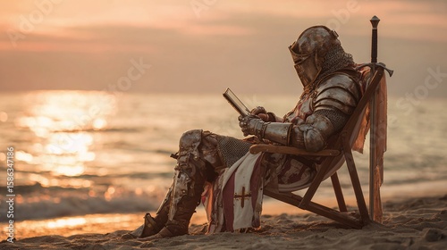 Knight in shining armor, resting on beach chair, absorbed in a book against sunset. A humorous clash of medieval and modern relaxation.