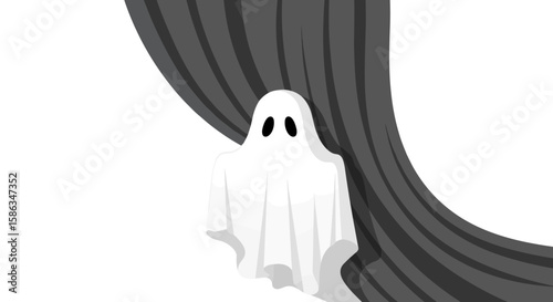 Cartoon ghost hiding behind a curtain in monochrome style for Halloween  