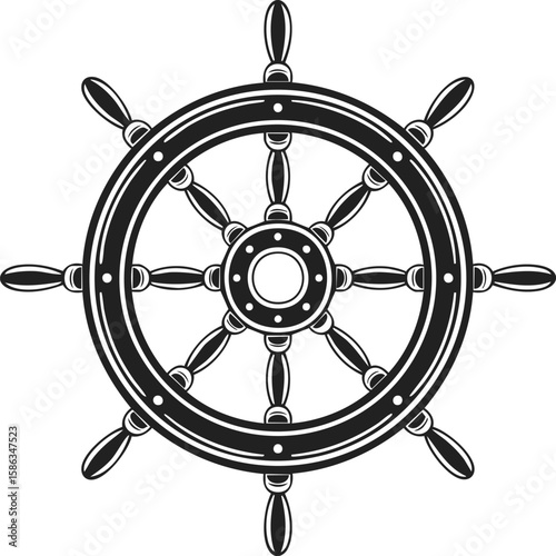 Ship wheel, helm, nautical steering device, vintage maritime emblem, engraved art piece for classic design, marine symbol