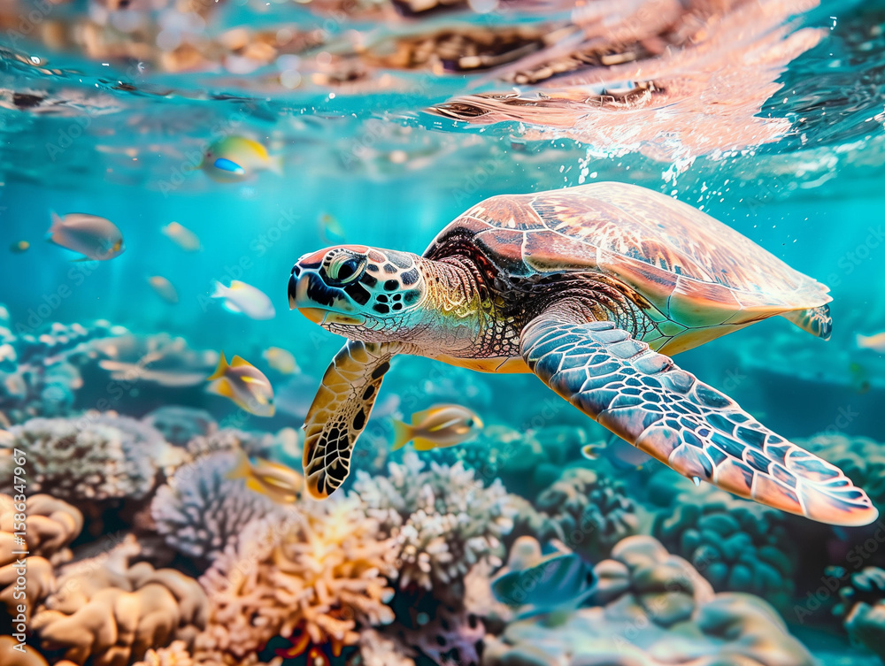 Fototapeta premium sea turtle close-up gliding over a coral reef, colorful fish around, crystal clear water