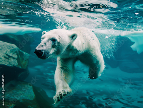 polar bear swimming underwater near ice blocks