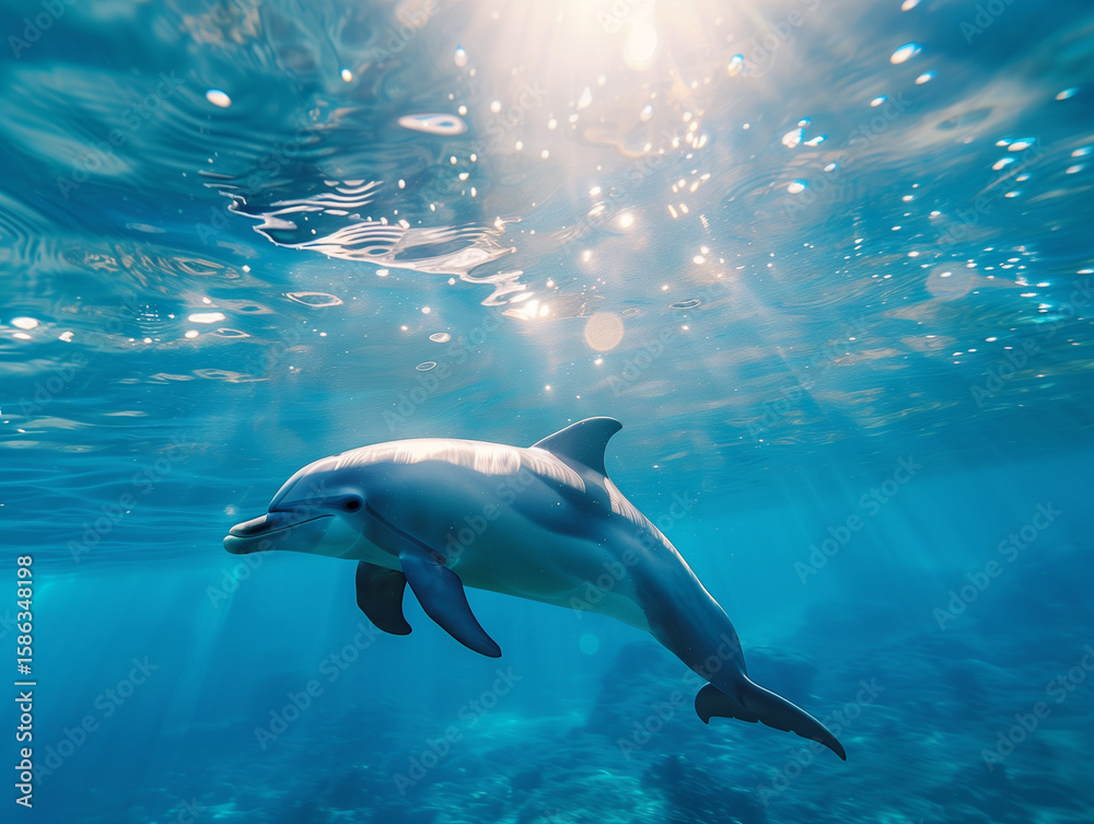 Fototapeta premium underwater view of a dolphin swimming gracefully, clear blue ocean, sun rays filtering through water