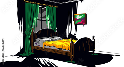 Dark and eerie bedroom with a bed and green curtains for Halloween  