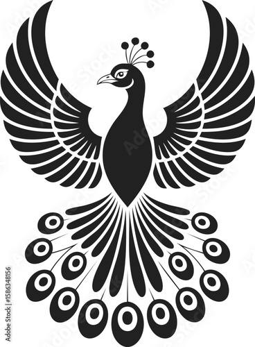 Simurgh bird, mythological creature, majestic peacock with outstretched wings, elaborate feather pattern, ancient lore