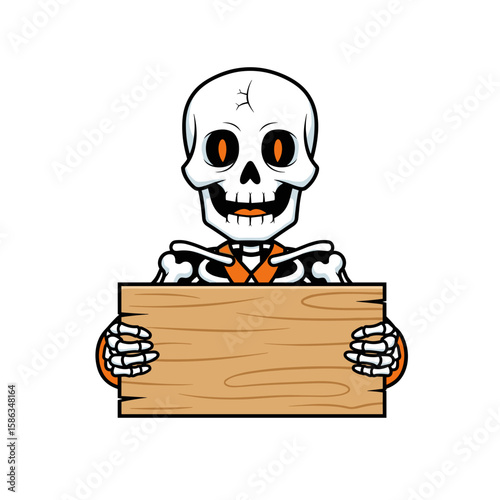 Cartoon skeleton holding a wooden sign for Halloween  