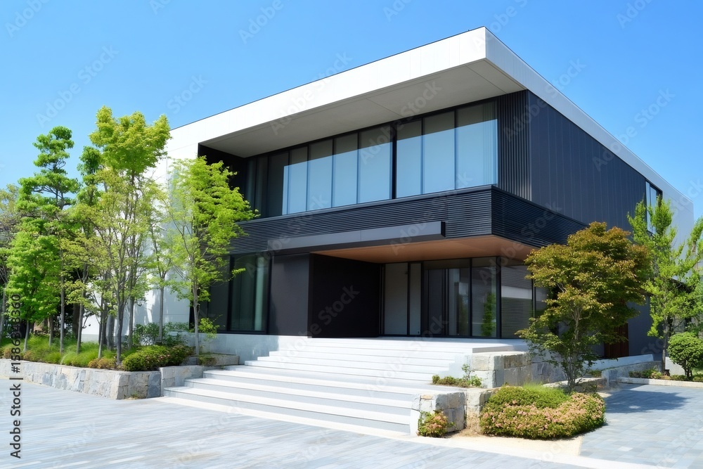 Modern and stylish building showcasing clean architectural lines, surrounded by lush greenery, under a vibrant blue sky Modern and stylish building showcasing clean architectural lines, surrounded by lush greenery, under a vibrant blue sky