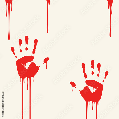 Red handprints dripping on pale background for Halloween concept  