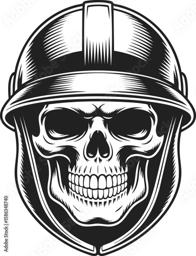 Skull in helmet, detailed vintage engraving showcasing a robust skull adorned with a classic helmet, perfect for capturing the essence of bravery and strength