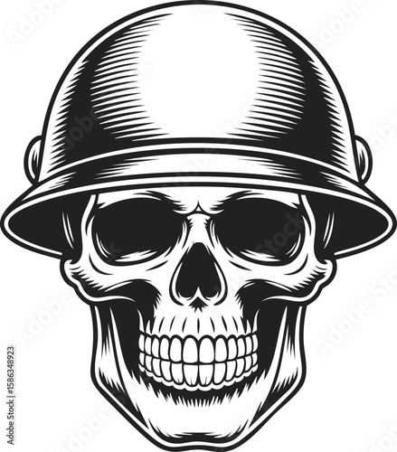 Skull in helmet, soldier skull, warrior head, vintage engraving of a military skull, battlefield art, engraved design