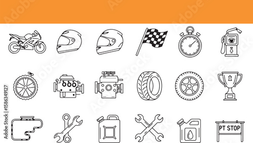 Set of motor racing icons representing speed and competition in simple black outlines