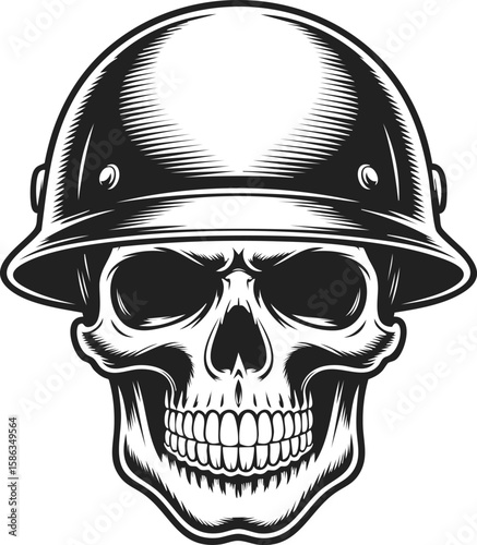Skull with Helmet, military skull, soldier skull, vintage engraved design, war-themed art, macabre illustration, emblematic artwork
