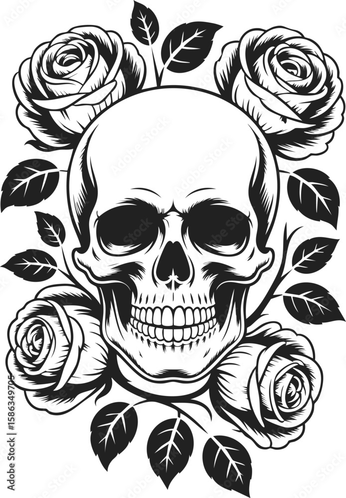 Fototapeta premium Skull with roses, floral skull design, vintage engraving, death symbol art, gothic style illustration, tattoo inspiration, decorative skull artwork