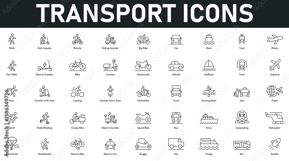 Fototapeta premium Transport Icons vector illustration with thin line editable stroke contains scooter, bicycle, car, boat, train, plane, motorcycle, truck, flight, parachute, skateboard, van, buggy, rocket, bus, cargo.
