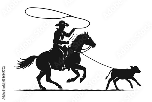Cowboy Roping a Calf Silhouette Illustration