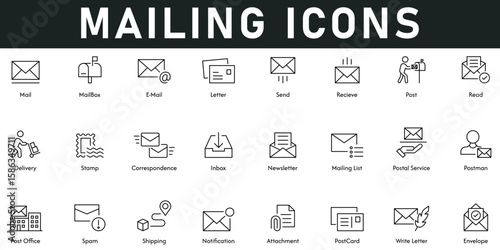 Mailing Icons vector illustration with thin line editable stroke contains mailbox, e-mail, letter, receive, post, delivery, stamp, correspondence, inbox, newsletter, mailing list, postman, spam, ship