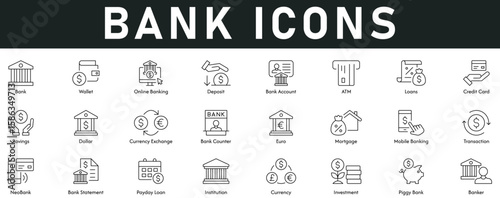 Bank Icons vector illustration with thin line editable stroke contain wallet, online banking, deposit, account, ATM, loans, credit card, savings, dollar, euro, currency exchange, mortgage, transaction