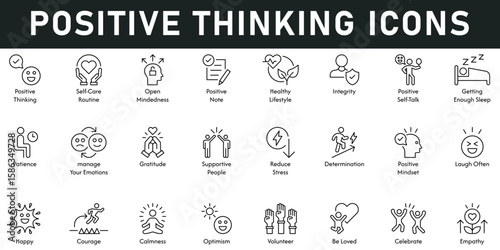 Positive Thinking Icons vector illustration with thin line editable stroke contains self-care, open mindedness, healthy lifestyle, empathy, calmness, positive mindset, manage emotions, integrity