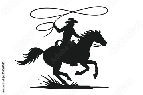 Cowboy Roping on Horse Silhouette Illustration