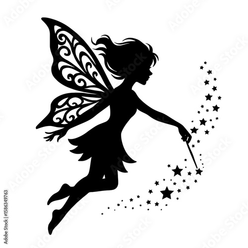 Fairy Silhouette with Stars and Wand Design