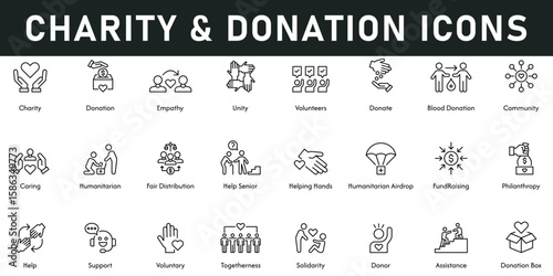 Charity and Donation Icons vector illustration with thin line editable stroke contains empathy, unity, community, caring, help senior, humanitarian, fundraising, help, support, voluntary, togetherness