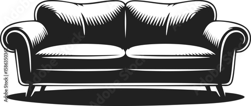 Sofa, modern couch, upholstered furniture, two-seater, vintage engraving style, home decor piece showcasing comfort and elegance