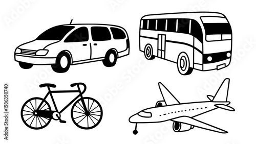 Illustration showing a car, a bus, a bicycle, and an airplane, all in black and white outline style