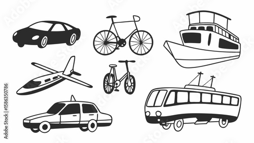 Illustration showing various modes of transportation including a car, bicycle, boat, plane, taxi and tram