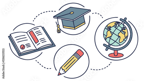 Illustration showing education symbols including book graduation cap pencil and globe connected by dots
