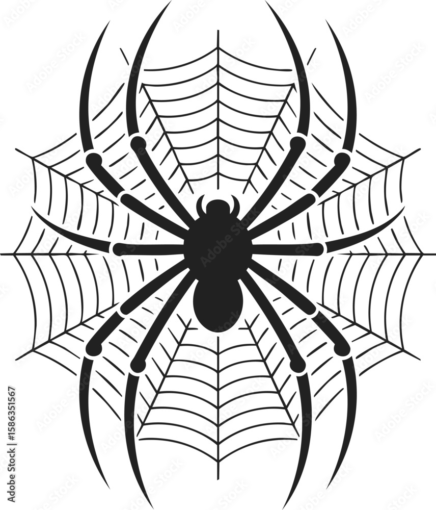Obraz premium Spider web illustration, black widow, intricate web design, arachnid art, vintage engraved style, decorative emblem