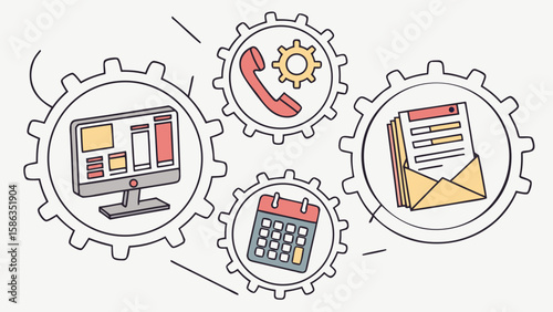 Illustration of a computer, phone, calendar, and mail inside gears representing workflow automation process