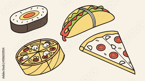 Illustration of an assortment of fast food items including sushi taco pizza and a dim sum style pizza dish