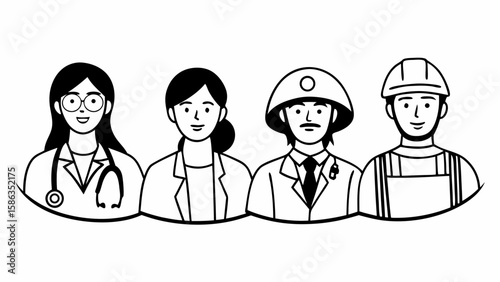 Illustration showing four people in different professions including doctor engineer and construction worker