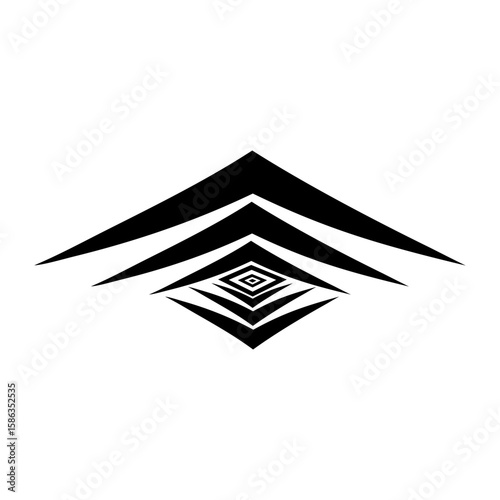 A striking black and white abstract geometric design featuring dynamic arrows converging towards a central hypnotic spiral, ideal for modern logos and icons.