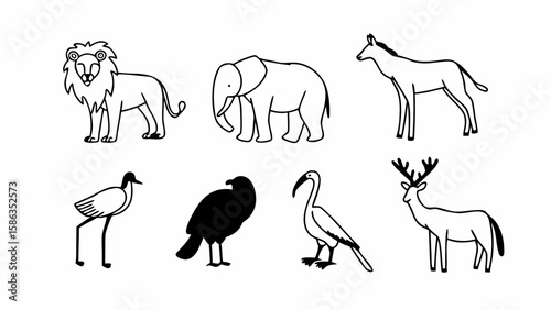 Illustration of lion elephant horse stork vulture ibis and deer arranged in a row on a white background