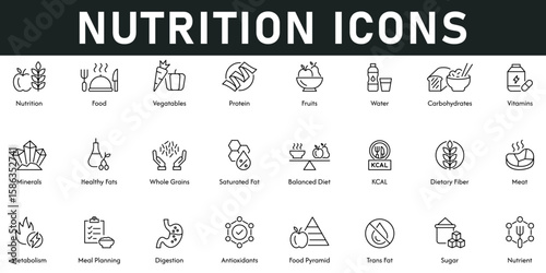 Nutrition Icons vector illustration with thin line editable stroke contains food, vegetables, protein, fruits, digestion, metabolism, minerals, vitamins, antioxidants, meal planning, healthy fats
