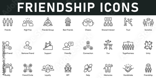 Friendship Icons vector illustration with thin line editable stroke contains high five, best friends, cheers, trust, support, friendly, connection, togetherness, unity, handshake, help, friend circle	