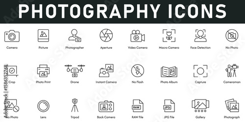 Photography Icons vector illustration with thin line editable stroke contains camera, picture, aperture, photograph, gallery, lens, capture, no flash, crop, photo print, face detection, photographer